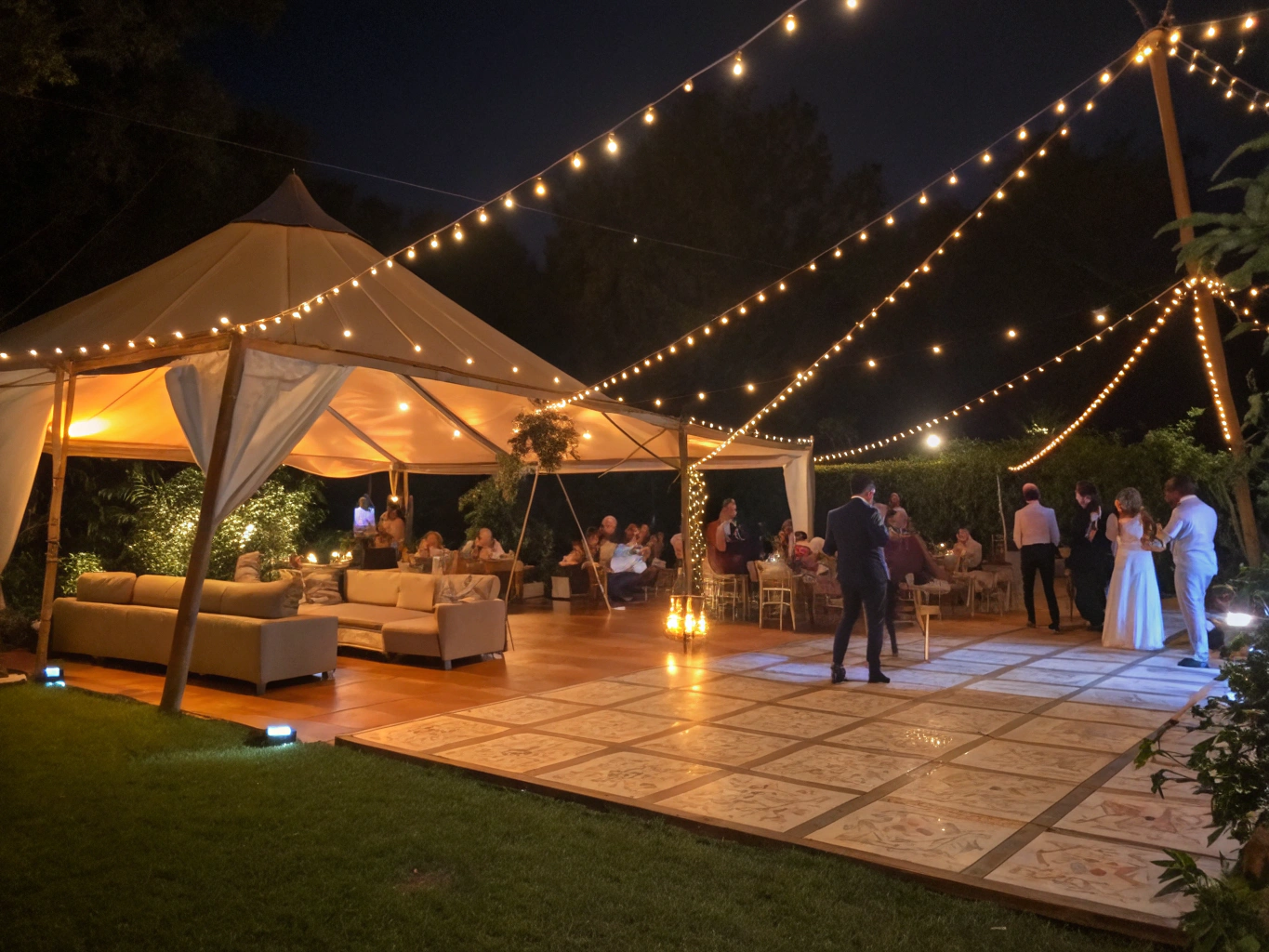 Outdoor evening event venue illuminated by festive bistro string lighting and glowing uplights