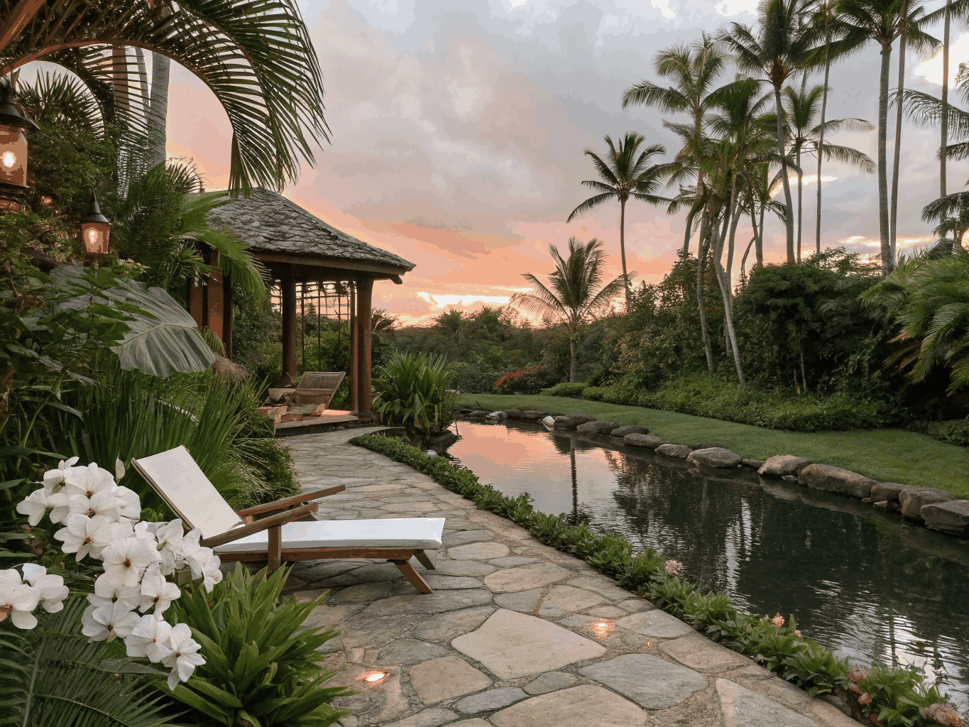 Lush tropical landscape and tall palm trees washed with soft canopy lighting