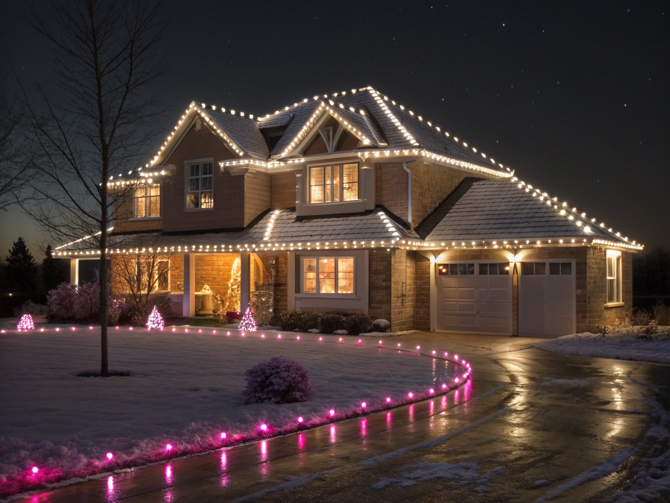 Estate rooflines and trees dressed in warm white commercial holiday light strands