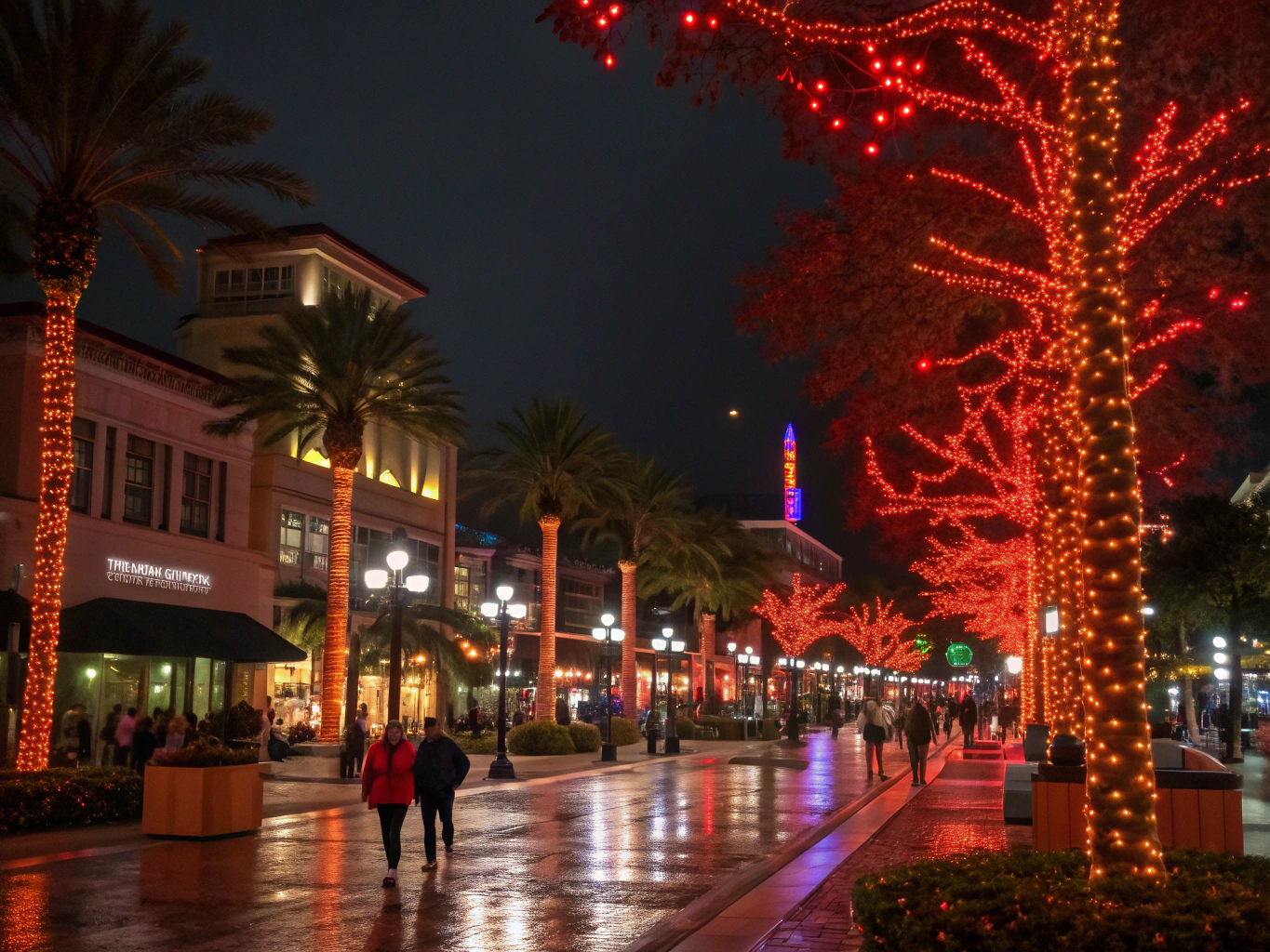 Civic festival plaza illuminated with programmable color washes and warm festoon overhead lines