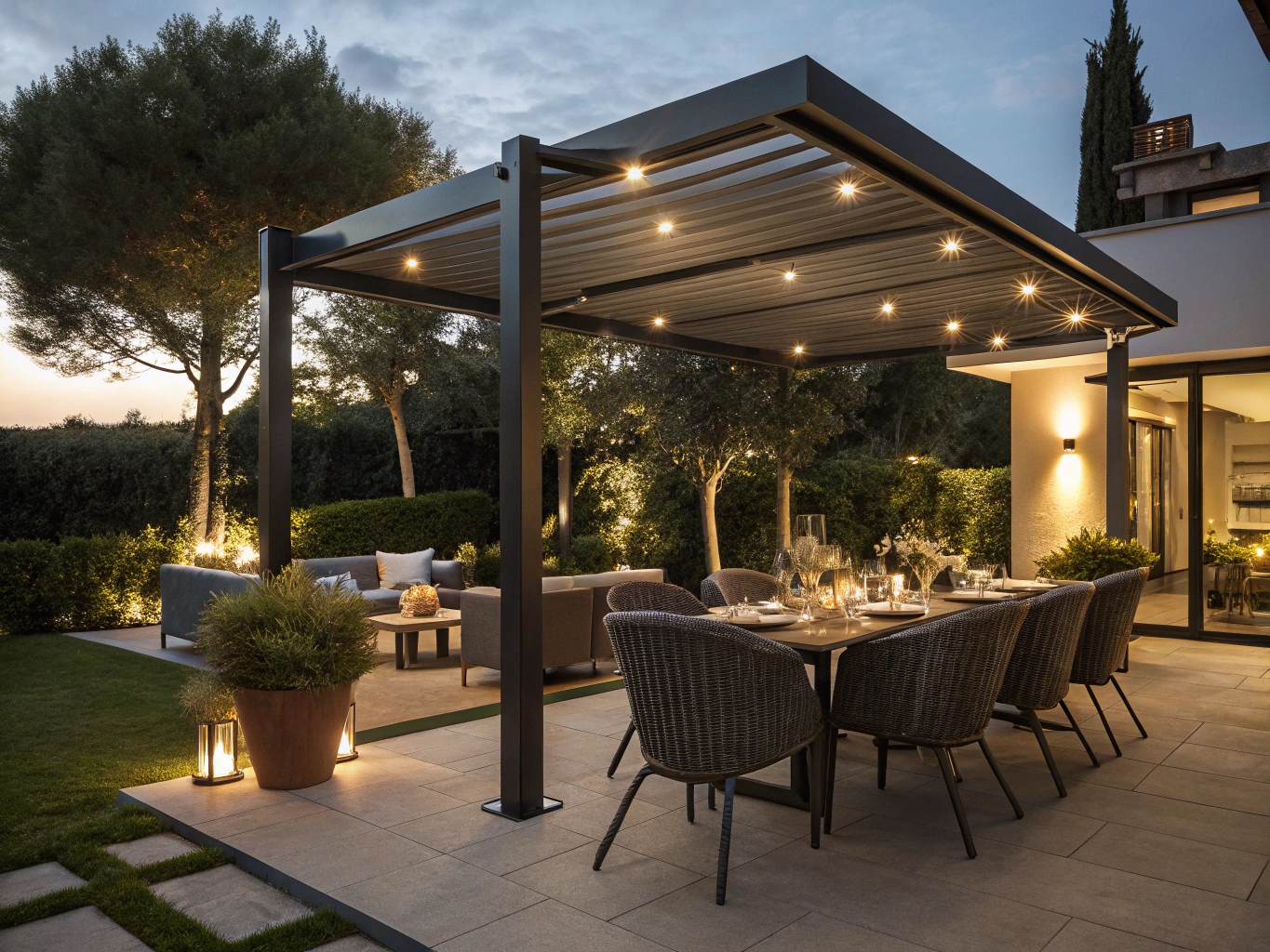 Outdoor dining patio bathed in warm atmospheric lighting in Dr. Phillips Orlando