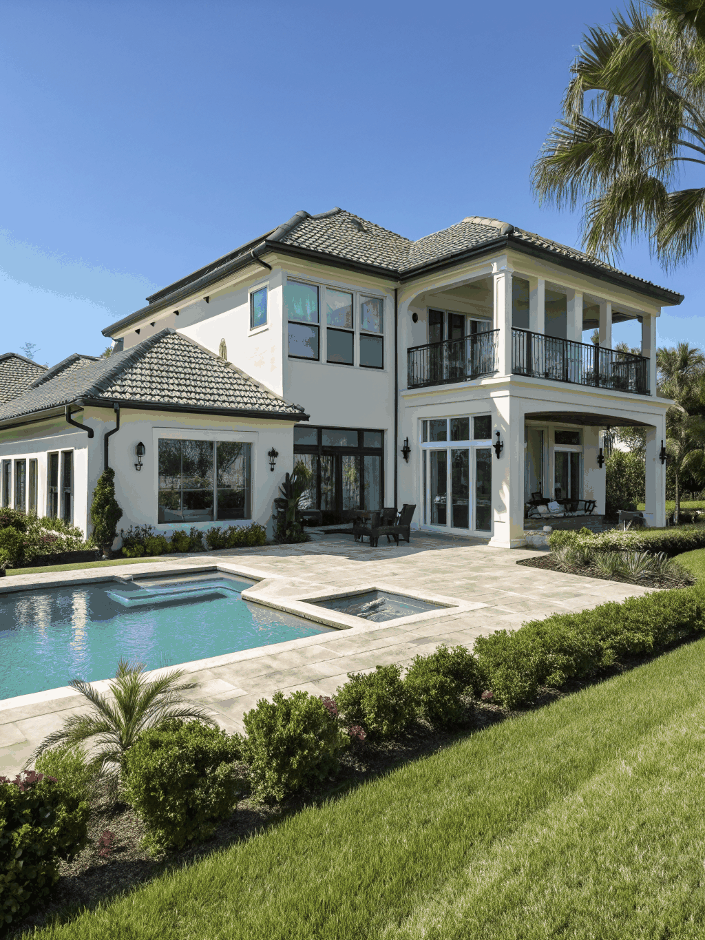 High-end architectural estate illuminated at dusk in Orlando Florida
