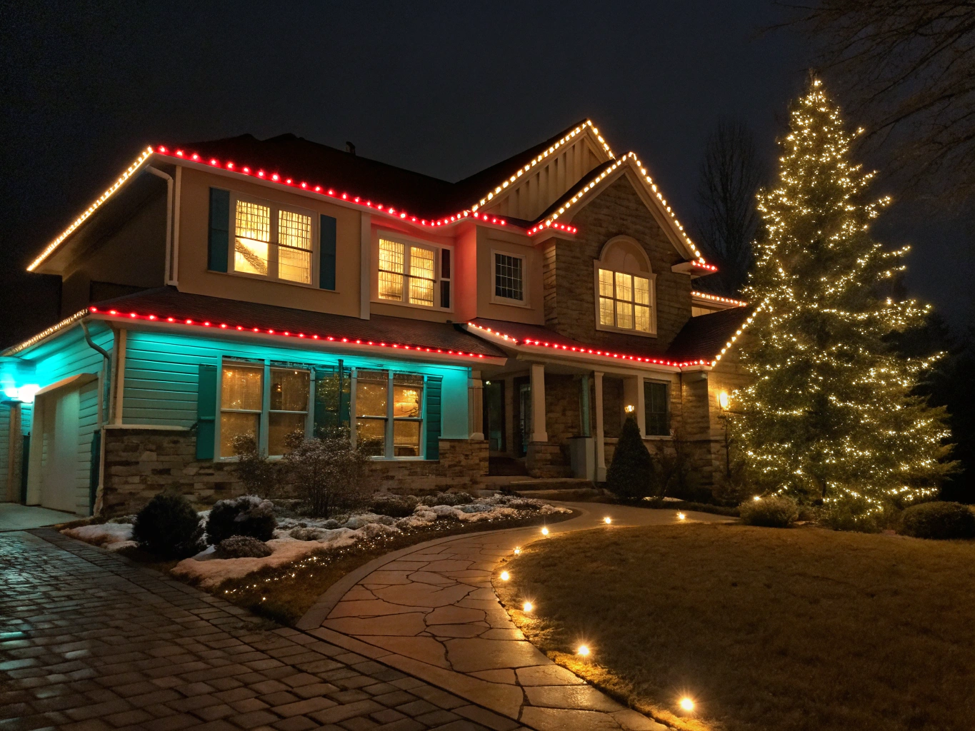 Warm festive holiday roofline and palm wraps at night