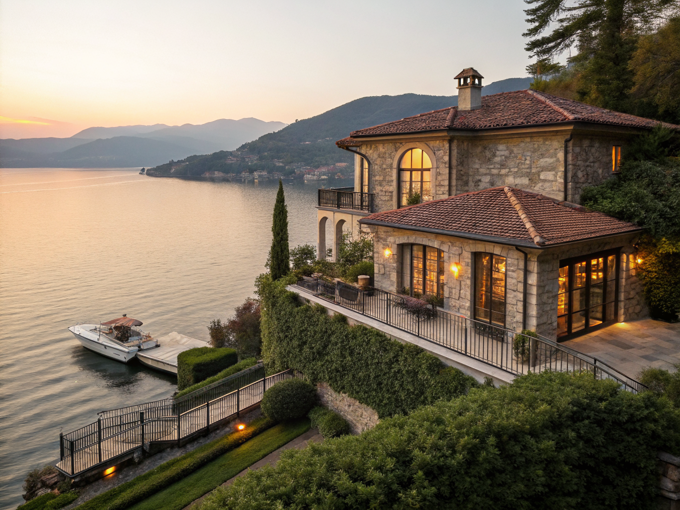 Illuminated luxury lakefront estate facade with warm brass uplighting in Lake Nona