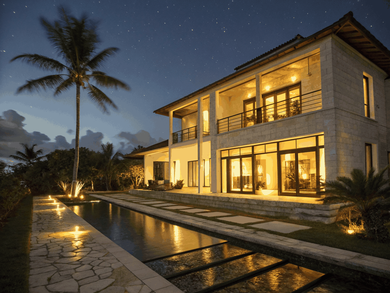 Commercial resort portico and entrance drive lit with warm architectural LED fixtures