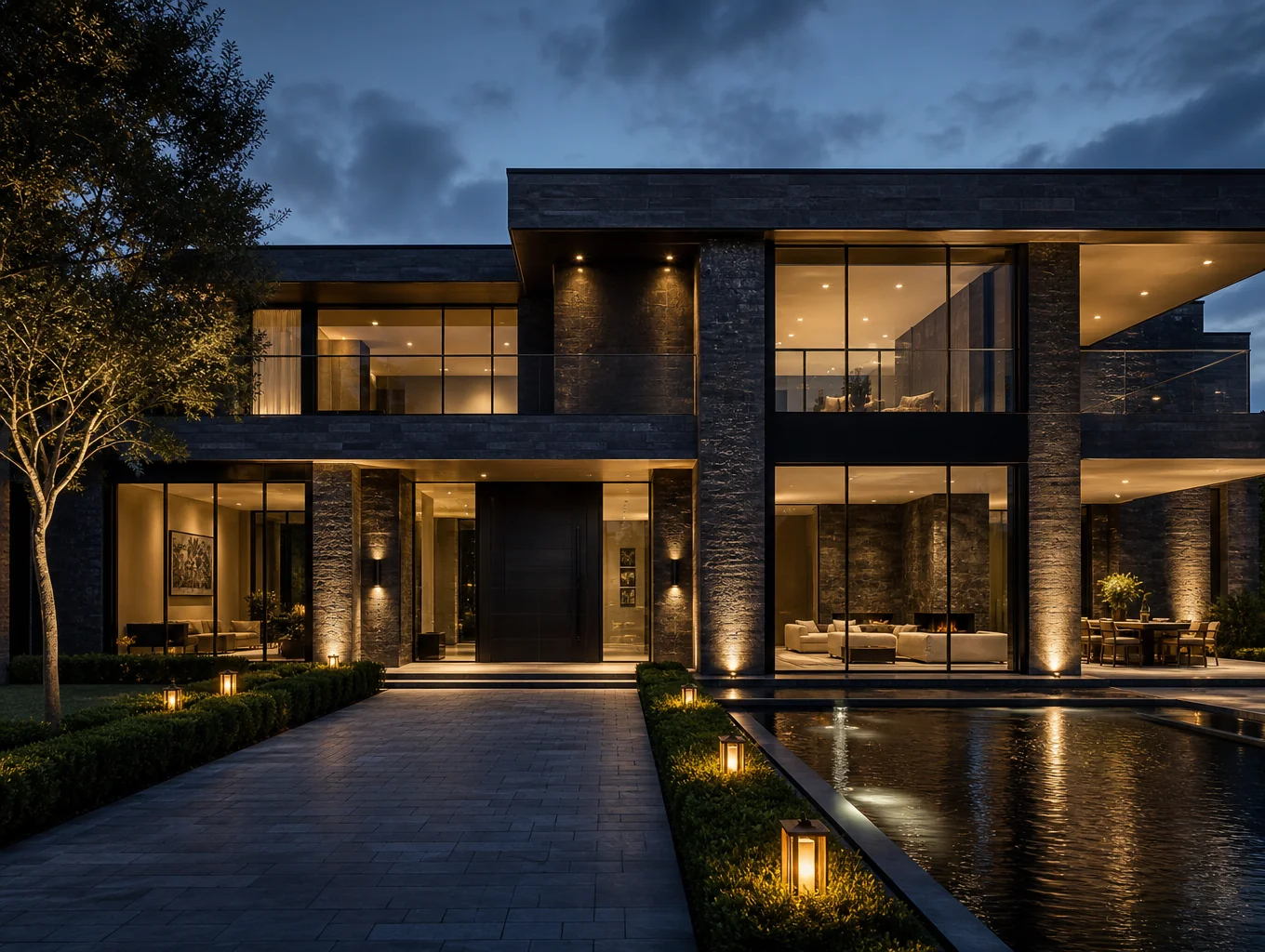 Luxury estate architectural facade and palm uplighting at dusk