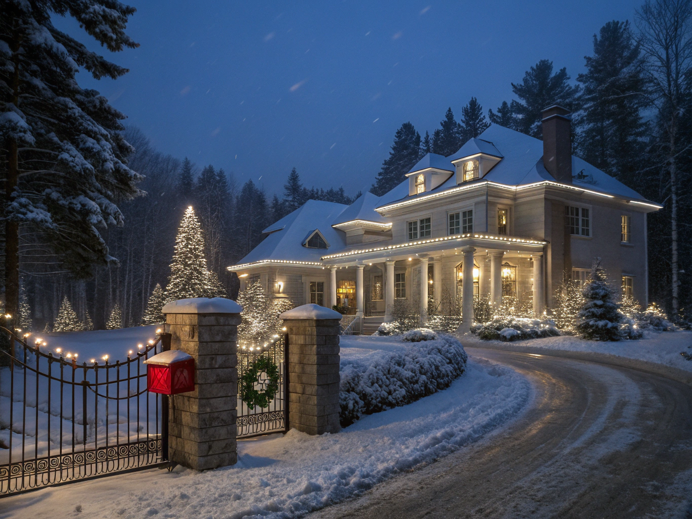 Grand estate roofline and trees illuminated with commercial-grade warm white holiday lights